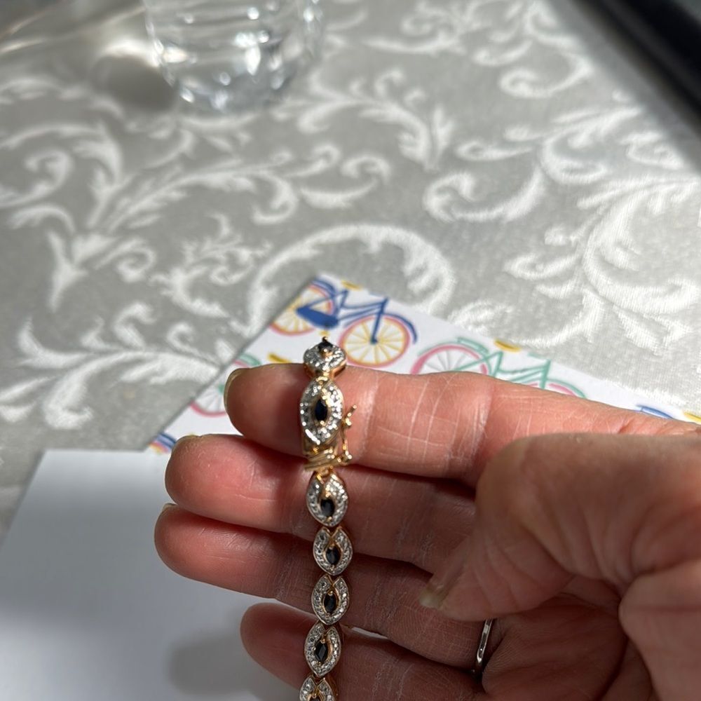 Sterling Silver 9.25 Elegant Bracelet .Marquis black Sapphire Gold plated - Picture 3 of 5
